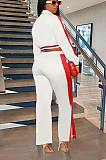 SUPER WHOLESALE | Side Strip Printed Crop Jacket Top & Straight Self-tied Pants in White