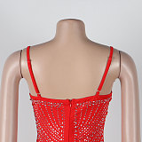SUPER WHOLESALE | Chiffon Patchwork Rhinstone Deco Back Zip Up Maxi Mini Dress in Red