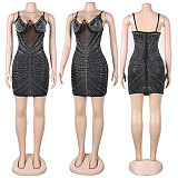 SUPER WHOLESALE | Chiffon Patchwork Rhinstone Deco Back Zip Up Maxi Mini Dress in Black