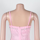 SUPER WHOLESALE | Chiffon Patchwork Rhinstone Deco Back Zip Up Maxi Mini Dress in Pink