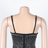 SUPER WHOLESALE | Chiffon Patchwork Rhinstone Deco Back Zip Up Maxi Mini Dress in Black