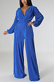 SUPER WHOLESALE | Pleated Fabric Plunging V Neck Loose Straight Down Jumpsuit