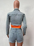 SUPER WHOLESALE | Denim Blue Button Up Jacket Top & Shorts with Side Chain Deco