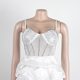SUPER WHOLESALE | Rhinestone Deco Wave Bottom Maxi Dress in White
