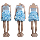 SUPER WHOLESALE | Rhinestone Deco Wave Bottom Maxi Dress in Blue