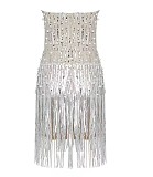 SUPER WHOLESALE | Tassel Hem Off Shoulder Badeau Mini Dress with Pearl Deco