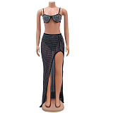SUPER WHOLESALE | Rhinestone Deco Split Skirt Set with Bra Top