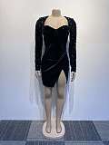 SUPER WHOLESALE | Plunging Square Neck Pathcwork Sequins Split Dress