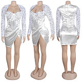 SUPER WHOLESALE | Plunging Square Neck Pathcwork Sequins Split Dress