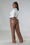 SUPER WHOLESALE | Pu Material Straight Down Pants in Brown