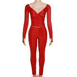 SUPER WHOLESALE |Plunging Neck Top with Thumb Hole Cuff, Leggings Pants Set in Red