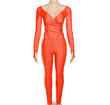 SUPER WHOLESALE |Plunging Neck Top with Thumb Hole Cuff, Leggings Pants Set in Orange