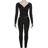 SUPER WHOLESALE |Plunging Neck Top with Thumb Hole Cuff, Leggings Pants Set in Black