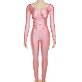SUPER WHOLESALE |Plunging Neck Top with Thumb Hole Cuff, Leggings Pants Set in Pink