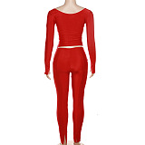 SUPER WHOLESALE |Plunging Neck Top with Thumb Hole Cuff, Leggings Pants Set in Red