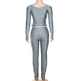 SUPER WHOLESALE |Plunging Neck Top with Thumb Hole Cuff, Leggings Pants Set in Silver