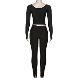 SUPER WHOLESALE |Plunging Neck Top with Thumb Hole Cuff, Leggings Pants Set in Black