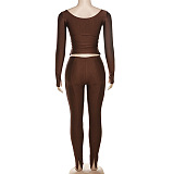 SUPER WHOLESALE |Plunging Neck Top with Thumb Hole Cuff, Leggings Pants Set in Brown
