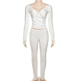 SUPER WHOLESALE |Plunging Neck Top with Thumb Hole Cuff, Leggings Pants Set in White