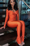 SUPER WHOLESALE |Plunging Neck Top with Thumb Hole Cuff, Leggings Pants Set in Orange
