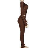 SUPER WHOLESALE |Plunging Neck Top with Thumb Hole Cuff, Leggings Pants Set in Brown