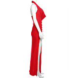 SUPER WHOLESALE | Halter Plunging Neck Side Split Long Dress in  Red