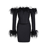 SUPER WHOLESALE | Feather Deco High Quality Party Mini Dress in Black