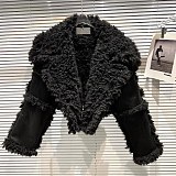SUPER WHOLESALE | Furry Thick Turtle Up Neck Patchword Coat in Black