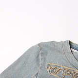 SUPER WHOLESALE | Denim Material Embroidered Round Neck Zip Up Shirts