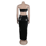 　SUPER WHOLESALE | Pu Material Zip Up Skirt with Buckle Bandeau in Black