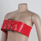 SUPER WHOLESALE | Pu Material Zip Up Skirt with Buckle Bandeau in Red