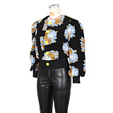 SUPER WHOLESALE | Floral Pattern Embroidered Lantern Sleeve Top in Black & Brown