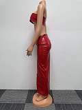 SUPER WHOLESALE | Pu Material Zip Up Skirt with Buckle Bandeau in Red