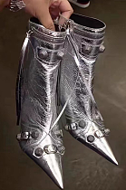 SUPER WHOLESALE | Pointed-toe, slender-heeled, metal-studded, low-cut ankle boots in Silver