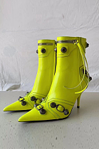 SUPER WHOLESALE | Pointed-toe, slender-heeled, metal-studded, low-cut ankle boots in fluorescent yellow