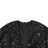 SUPER WHOLESALE | Sequins Back Zip Up Plunging Neck Long Dress in Black