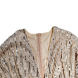 SUPER WHOLESALE | Sequins Back Zip Up Plunging Neck Long Dress in Beige
