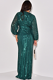 SUPER WHOLESALE | Sequins Back Zip Up Plunging Neck Long Dress in Green