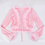 SUPER WHOLESALE | Feather Hem Skirt Set in Pink
