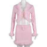 SUPER WHOLESALE | Feather Hem Skirt Set in Pink