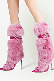 Furry Ankel Top Boots with Chain Deco in Rose Red