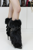 Furry Ankel Top Boots with Chain Deco in Black