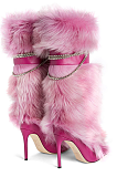 Furry Ankel Top Boots with Chain Deco in Rose Red