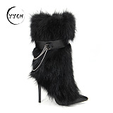 Furry Ankel Top Boots with Chain Deco in Black