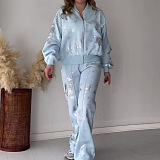 SUPER WHOLESALE | Sequined Printed Zip-up Casual Two-Piece Set