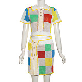 SUPER WHOLESALE | Colour-block Knitted Pearl Decor Skirt Set