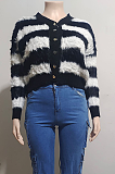 SUPER WHOLESALE |  Black and White Striped Single-Breasted Knit Cardigan