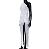 SUPER WHOLESALE | Side Split One Shoulder Dress in all White