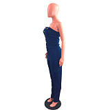 WHOLESALE | Denim Blue Off-shoulder Elastic Button Up Jumpsuit