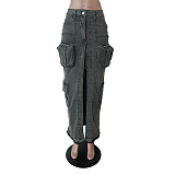 WHOLESALE | Denim Pockets Front Split Skirt